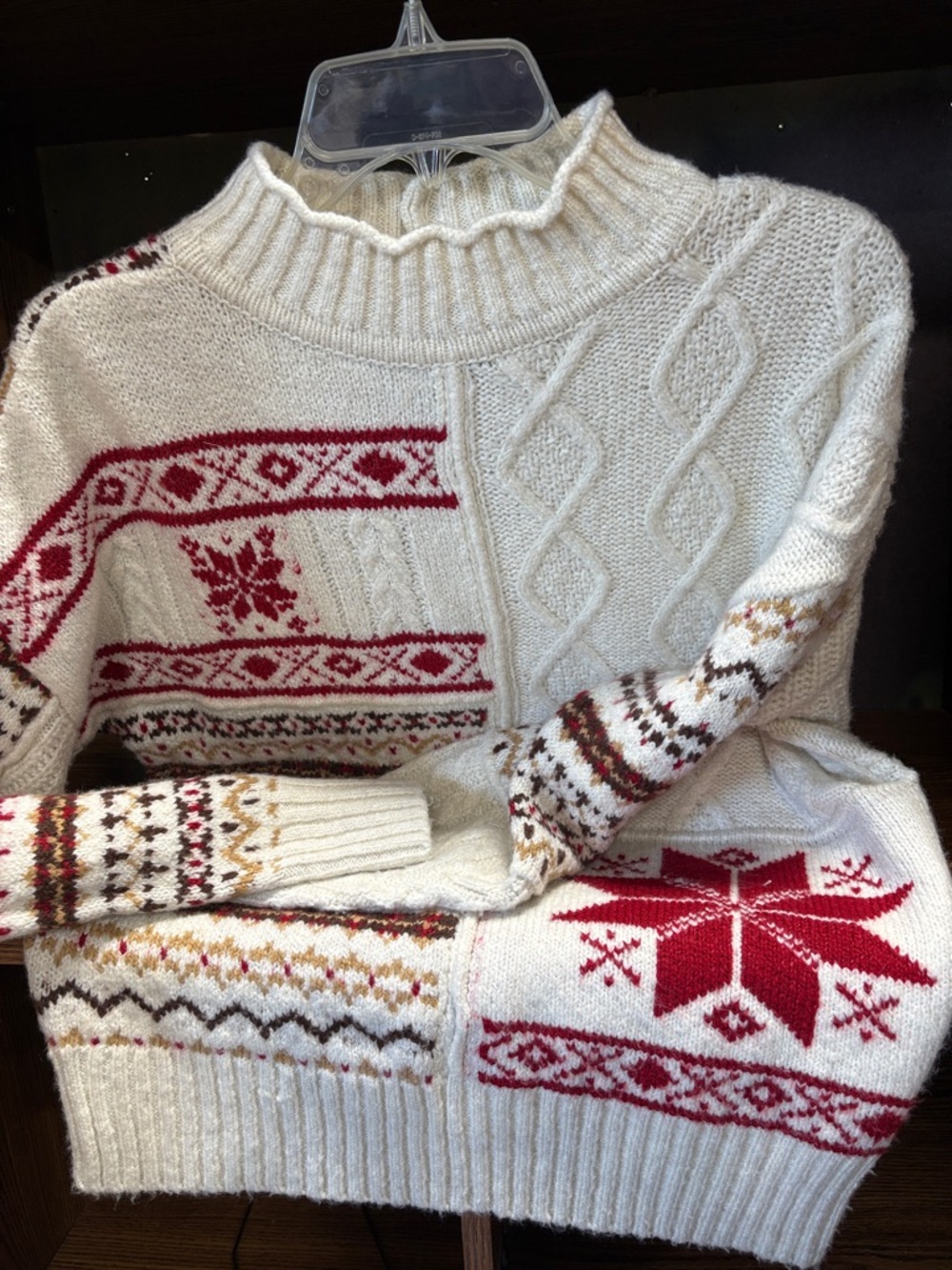 American Eagle Outfitters Cream and Red Nordic Cable Sweater - Picture 1 of 5